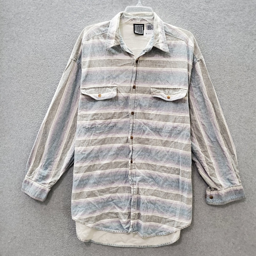 IOU Men Button Up Shirt Large Gray Striped Flannel Pockets Long Sleeve Collar